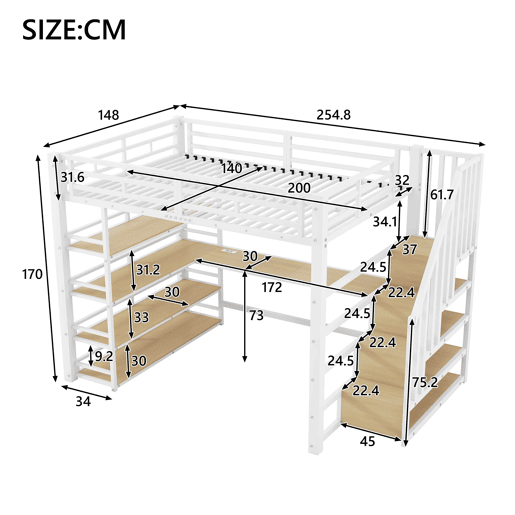 Cama alta metálica 140x200 - com escada, secretária, arrumação, USB e LED - Branco