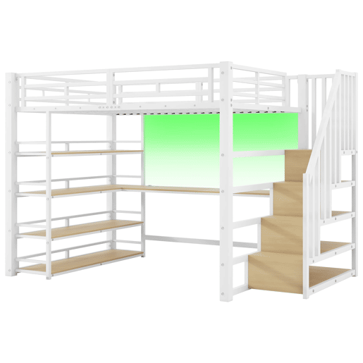 Cama alta metálica 140x200 - com escada, secretária, arrumação, USB e LED - Branco