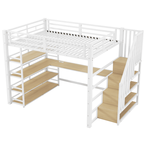 Cama alta metálica 140x200 - com escada, secretária, arrumação, USB e LED - Branco