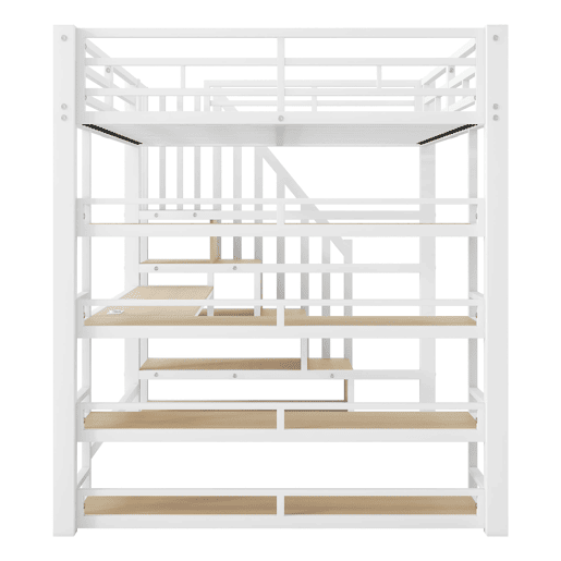 Cama alta metálica 140x200 - com escada, secretária, arrumação, USB e LED - Branco
