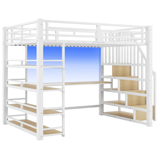 Cama alta metálica 140x200 - com escada, secretária, arrumação, USB e LED - Branco