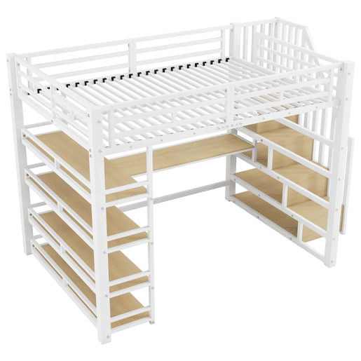 Cama alta metálica 140x200 - com escada, secretária, arrumação, USB e LED - Branco