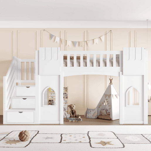 Cama alta 90x200 - com escada com arrumação e janela - Branco