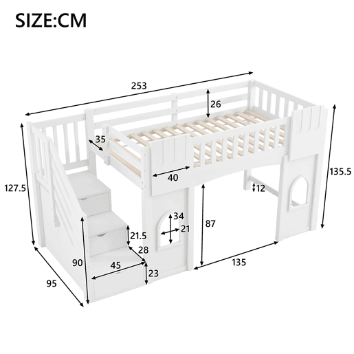 Cama alta 90x200 - com escada com arrumação e janela - Branco