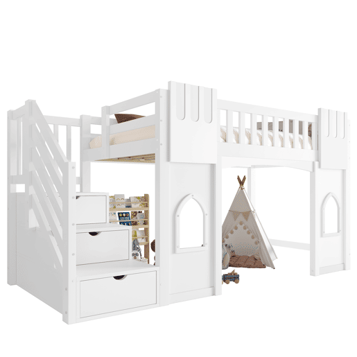 Cama alta 90x200 - com escada com arrumação e janela - Branco
