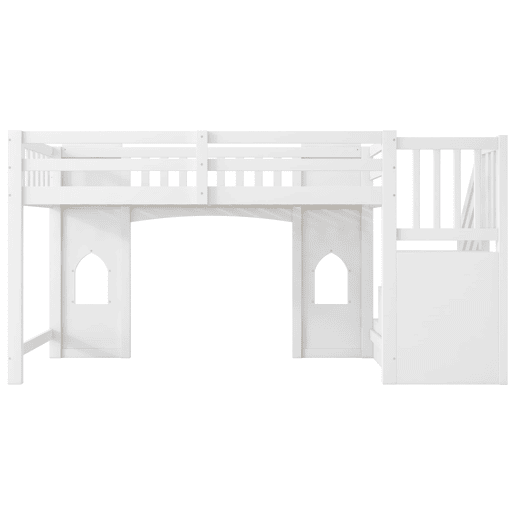 Cama alta 90x200 - com escada com arrumação e janela - Branco