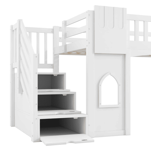 Cama alta 90x200 - com escada com arrumação e janela - Branco
