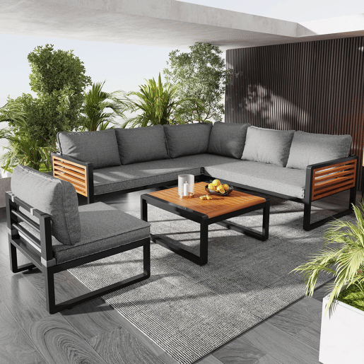Conjunto de sofás de jardim para 5-6 pessoas - Sofá exterior moderno, estrutura em ferro galvanizado, braços em madeira - Cinza