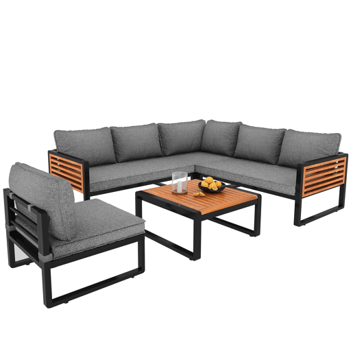Conjunto de sofás de jardim para 5-6 pessoas - Sofá exterior moderno, estrutura em ferro galvanizado, braços em madeira - Cinza