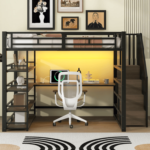 Cama alta metálica 140x200 - escada, secretária, arrumação, USB, LED - Preto