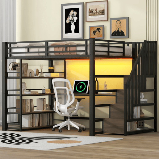 Cama alta metálica 140x200 - escada, secretária, arrumação, USB, LED - Preto
