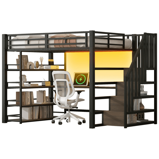 Cama alta metálica 140x200 - escada, secretária, arrumação, USB, LED - Preto