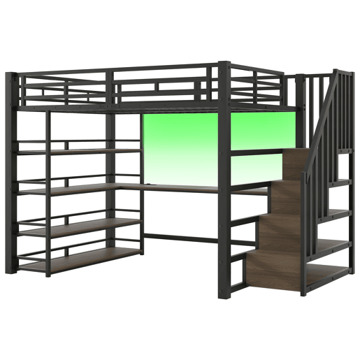 Cama alta metálica 140x200 - escada, secretária, arrumação, USB, LED - Preto