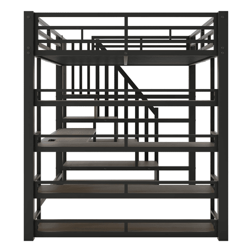 Cama alta metálica 140x200 - escada, secretária, arrumação, USB, LED - Preto