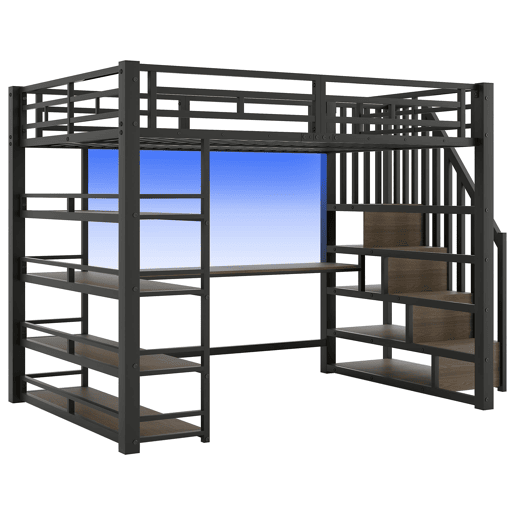 Cama alta metálica 140x200 - escada, secretária, arrumação, USB, LED - Preto