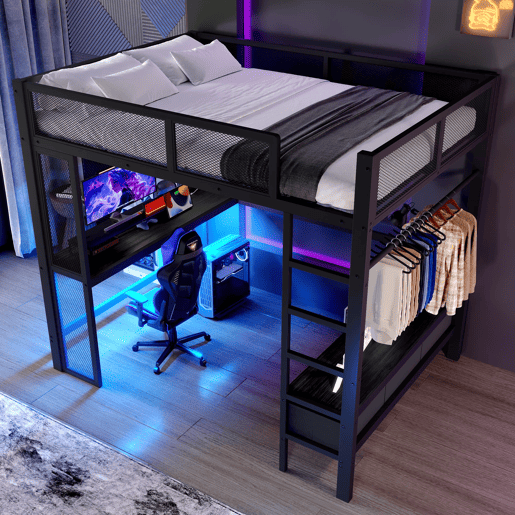 Cama alta 140x200 cm - Metal, secretária, LED, USB, armário aberto e 3 gavetas - Preto