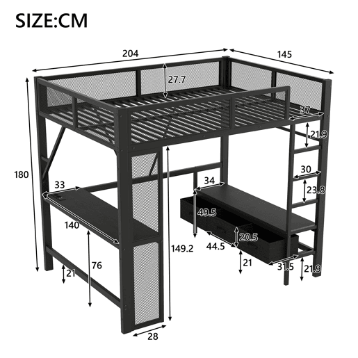 Cama alta 140x200 cm - Metal, secretária, LED, USB, armário aberto e 3 gavetas - Preto