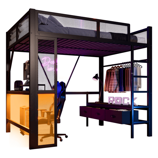 Cama alta 140x200 cm - Metal, secretária, LED, USB, armário aberto e 3 gavetas - Preto