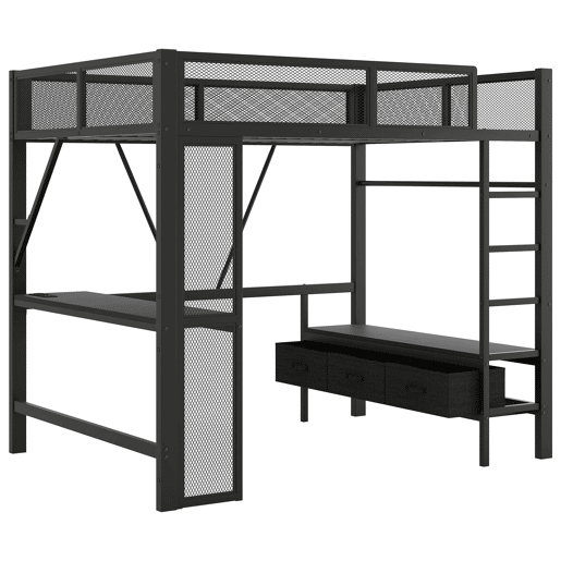 Cama alta 140x200 cm - Metal, secretária, LED, USB, armário aberto e 3 gavetas - Preto