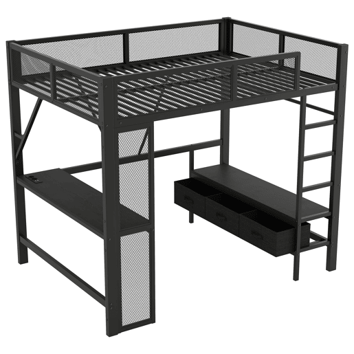 Cama alta 140x200 cm - Metal, secretária, LED, USB, armário aberto e 3 gavetas - Preto