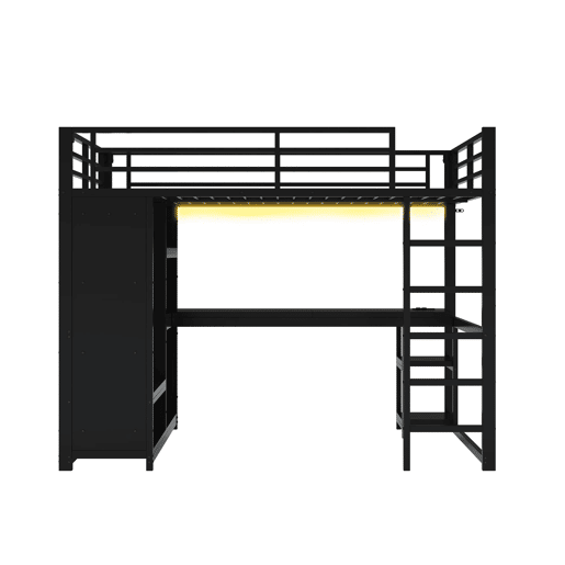 Cama alta para jogos 140x200 - LED, secretária, armário aberto e prateleiras - Preto