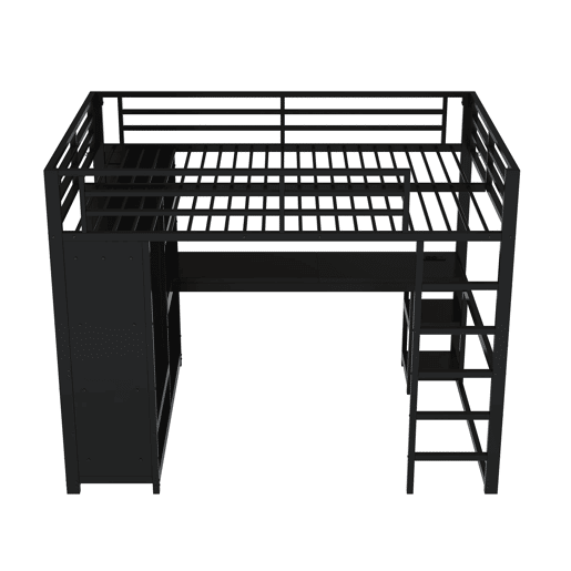 Cama alta para jogos 140x200 - LED, secretária, armário aberto e prateleiras - Preto
