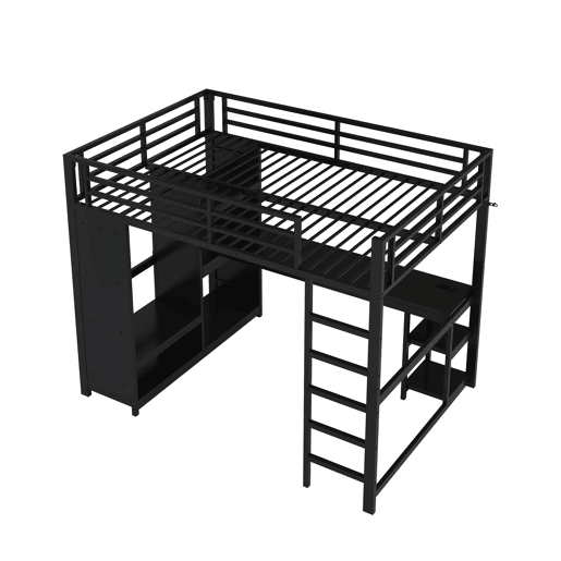 Cama alta para jogos 140x200 - LED, secretária, armário aberto e prateleiras - Preto