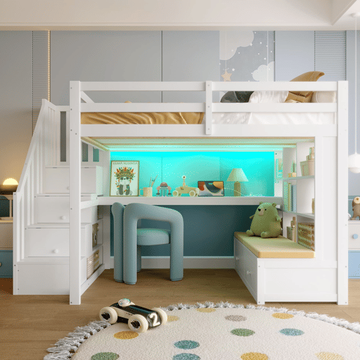 Cama alta 140x200 - com secretária, prateleiras, 2 gavetas e escada com arrumação - branco