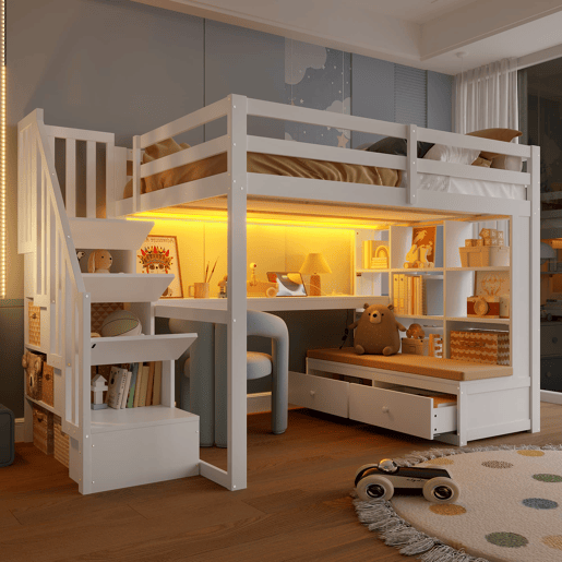 Cama alta 140x200 - com secretária, prateleiras, 2 gavetas e escada com arrumação - branco
