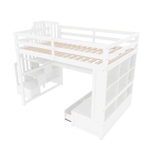 Cama alta 140x200 - com secretária, prateleiras, 2 gavetas e escada com arrumação - branco