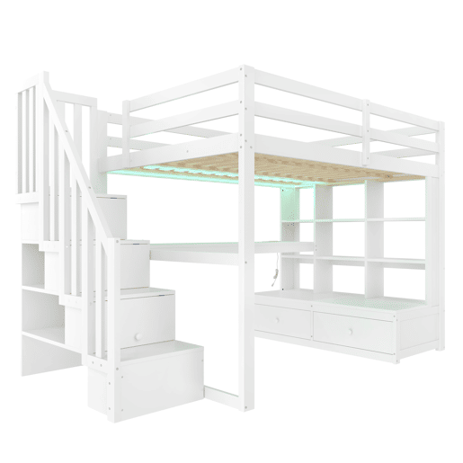Cama alta 140x200 - com secretária, prateleiras, 2 gavetas e escada com arrumação - branco