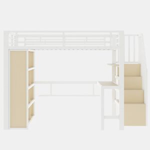 Cama alta 140x200 - com secretária, prateleira, LED e escada com arrumação - Branco