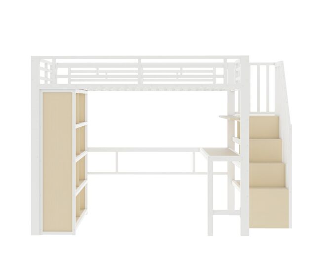 Cama alta 140x200 - con escritorio, estante, led y escalera con almacenamiento - blanco