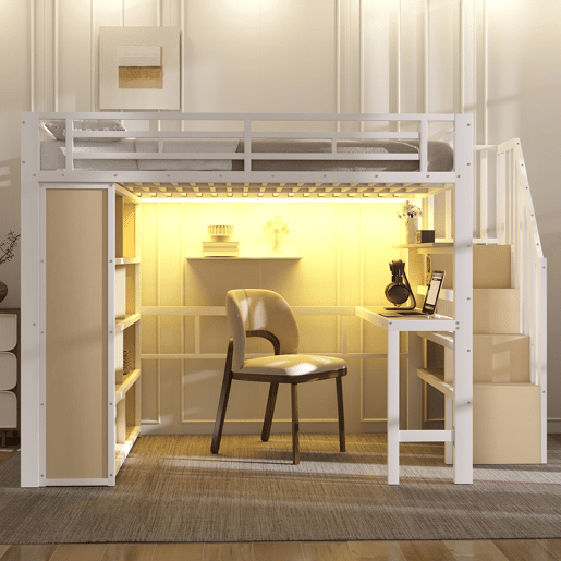 Cama alta 140x200 - com secretária, prateleira, LED e escada com arrumação - Branco Cama alta 140x200 - com secretária, prateleira, LED e escada com arrumação - Branco