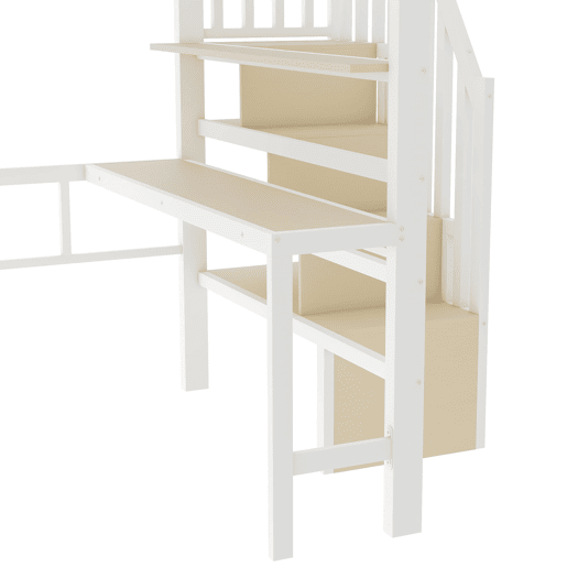Cama alta 140x200 - com secretária, prateleira, LED e escada com arrumação - Branco Cama alta 140x200 - com secretária, prateleira, LED e escada com arrumação - Branco