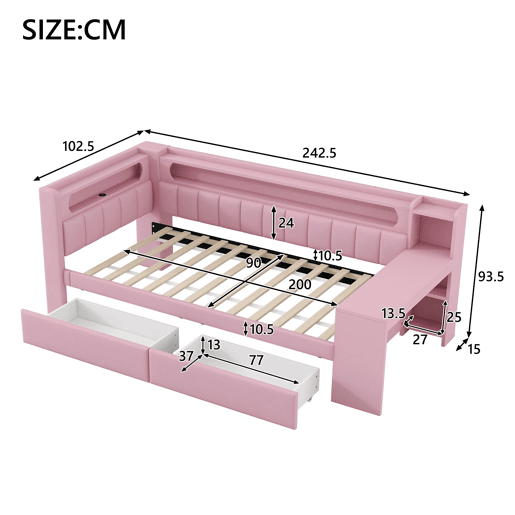 Cama tipo sofá-cama 90x200 - acolchoada, USB, LED, secretária e 2 gavetas - Rosa