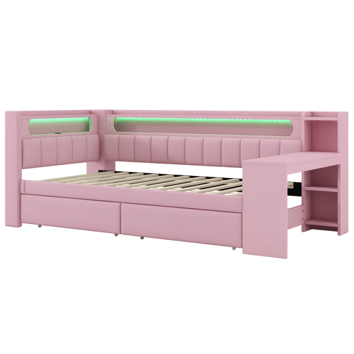 Cama tipo sofá-cama 90x200 - acolchoada, USB, LED, secretária e 2 gavetas - Rosa