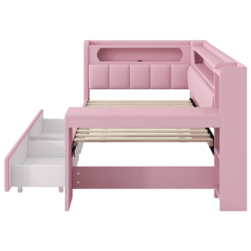 Cama tipo sofá-cama 90x200 - acolchoada, USB, LED, secretária e 2 gavetas - Rosa