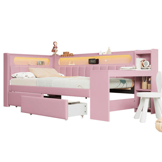 Cama tipo sofá-cama 90x200 - acolchoada, USB, LED, secretária e 2 gavetas - Rosa