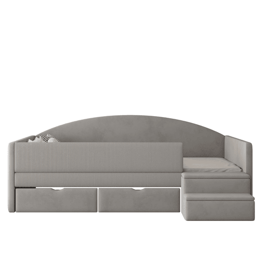Cama multifuncional 90x190 cm - Com duas gavetas, barreiras, degraus, tecido macio - Cinza claro Cama multifuncional 90x190 cm - Com duas gavetas, barreiras, degraus, tecido macio - Cinza claro