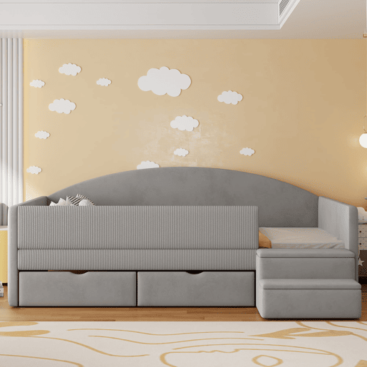 Cama multifuncional 90x190 cm - Com duas gavetas, barreiras, degraus, tecido macio - Cinza claro Cama multifuncional 90x190 cm - Com duas gavetas, barreiras, degraus, tecido macio - Cinza claro