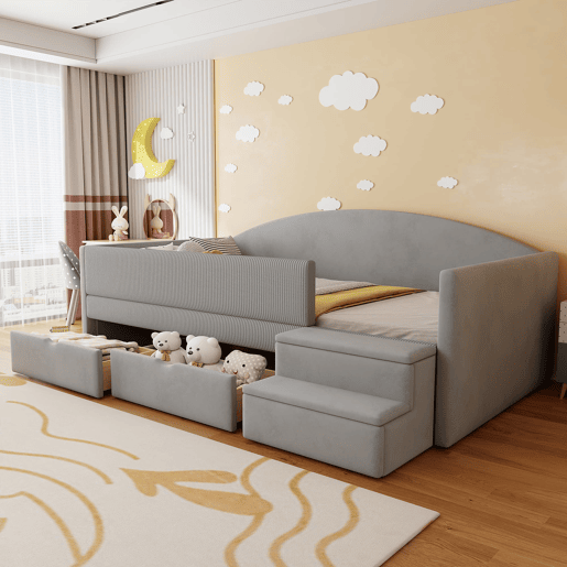 Cama multifuncional 90x190 cm - Com duas gavetas, barreiras, degraus, tecido macio - Cinza claro Cama multifuncional 90x190 cm - Com duas gavetas, barreiras, degraus, tecido macio - Cinza claro