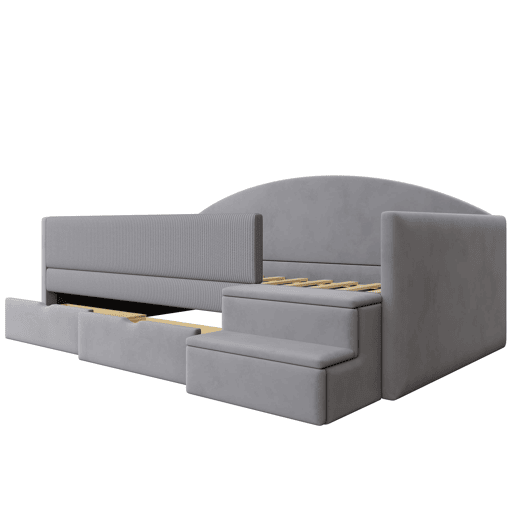 Cama multifuncional 90x190 cm - Com duas gavetas, barreiras, degraus, tecido macio - Cinza claro Cama multifuncional 90x190 cm - Com duas gavetas, barreiras, degraus, tecido macio - Cinza claro
