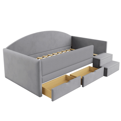 Cama multifuncional 90x190 cm - Com duas gavetas, barreiras, degraus, tecido macio - Cinza claro Cama multifuncional 90x190 cm - Com duas gavetas, barreiras, degraus, tecido macio - Cinza claro