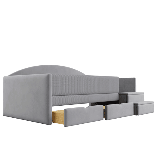 Cama multifuncional 90x190 cm - Com duas gavetas, barreiras, degraus, tecido macio - Cinza claro Cama multifuncional 90x190 cm - Com duas gavetas, barreiras, degraus, tecido macio - Cinza claro