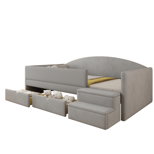 Cama multifuncional 90x190 cm - Com duas gavetas, barreiras, degraus, tecido macio - Cinza claro Cama multifuncional 90x190 cm - Com duas gavetas, barreiras, degraus, tecido macio - Cinza claro