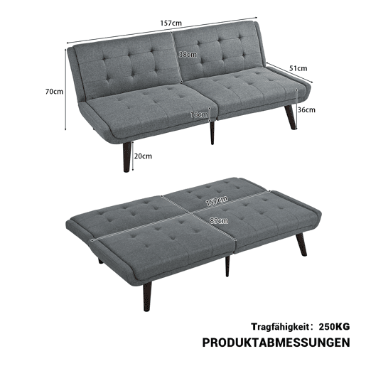 Sofá-cama futon 146 cm - encosto reclinável em 5 posições, compacto - cinza