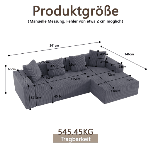 Sofá modular de 3 lugares - Cloud L-Liegestühle, moderno, profundo e acolchoado - Cinza Sofá modular de 3 lugares - Cloud L-Liegestühle, moderno, profundo e acolchoado - Cinza