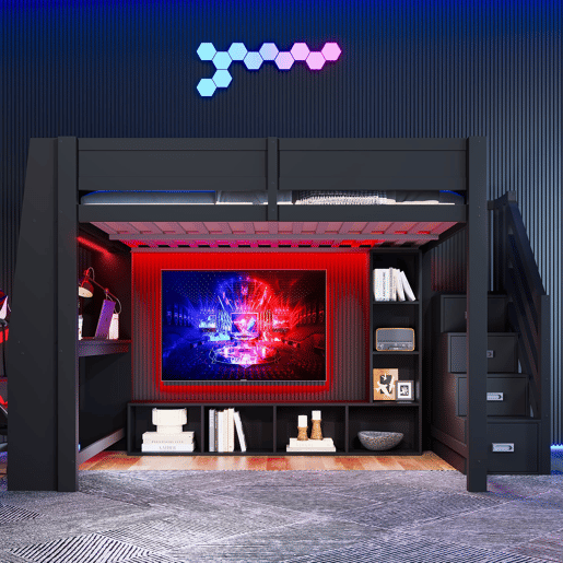 Cama alta 140x200 - secretária, armazenamento múltiplo, LED e escada com espaço - Preto
