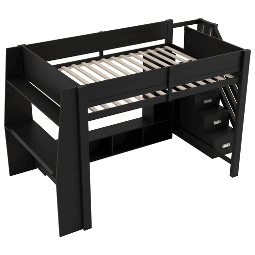 Cama alta 140x200 - secretária, armazenamento múltiplo, LED e escada com espaço - Preto